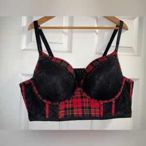 TORRID NWOT Red Black Plaid Bra 46C Push Up Plunge XO Back